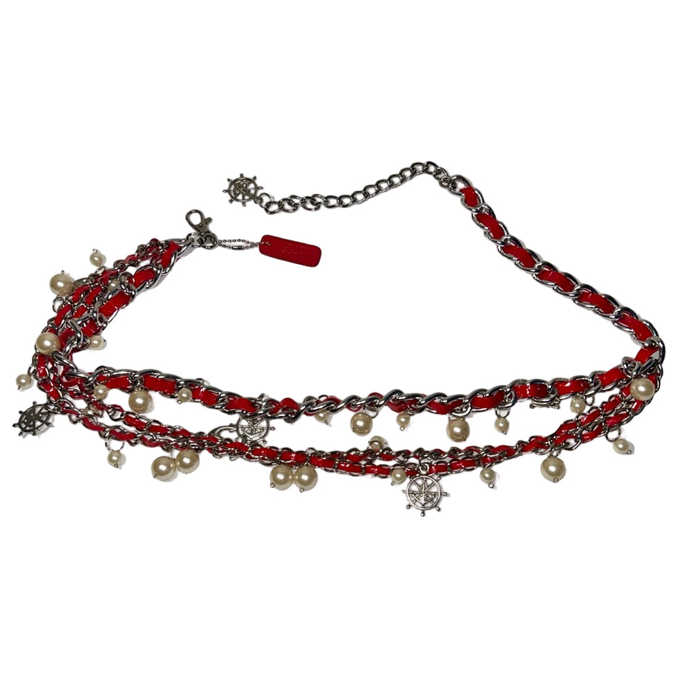⚓️Vintage Nautical Charm Silver Link Chain Red Leather Belt Anchor Rolfs